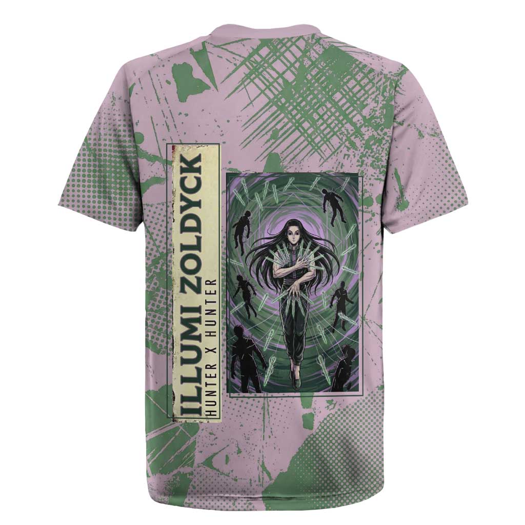 Alluka Zoldyck Theme Purple and Green Paint Splatter Design Rugby Jersey with Nen Ability Artwork and Character Card Style - The Mazicc