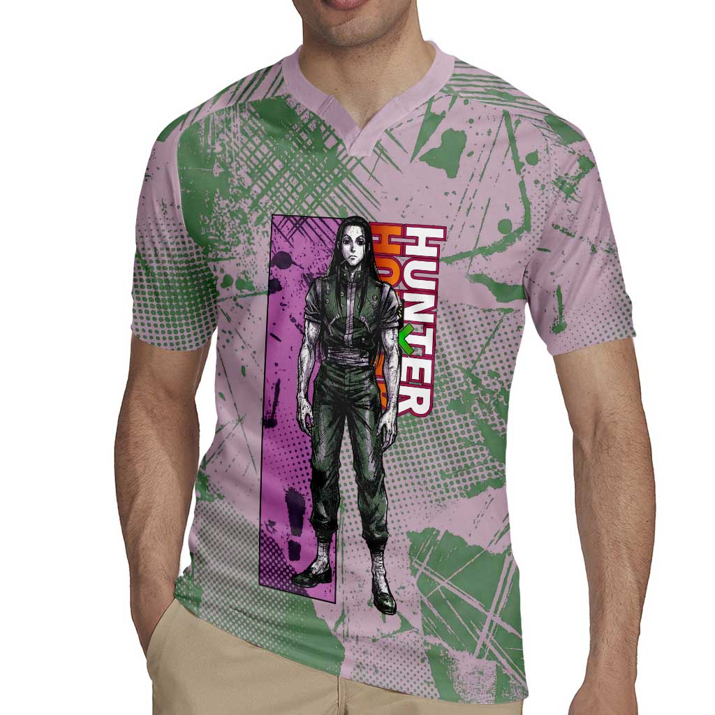 Alluka Zoldyck Theme Purple and Green Paint Splatter Design Rugby Jersey with Nen Ability Artwork and Character Card Style - The Mazicc