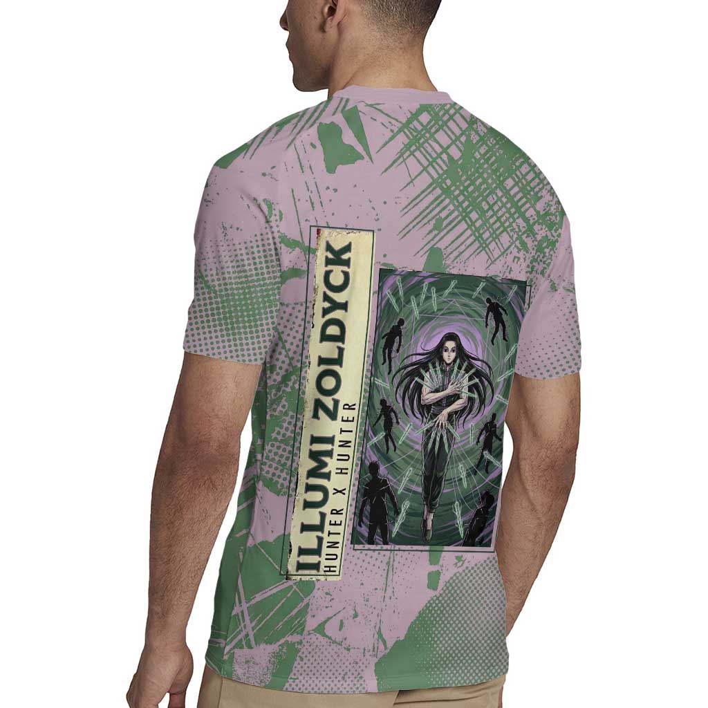 Alluka Zoldyck Theme Purple and Green Paint Splatter Design Rugby Jersey with Nen Ability Artwork and Character Card Style - The Mazicc