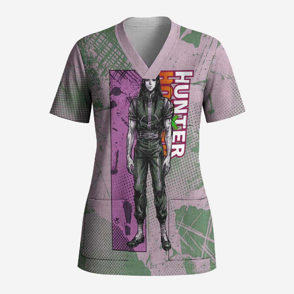 Alluka Zoldyck Theme Purple and Green Paint Splatter Design Scrub Top with Nen Ability Artwork and Character Card Style - The Mazicc