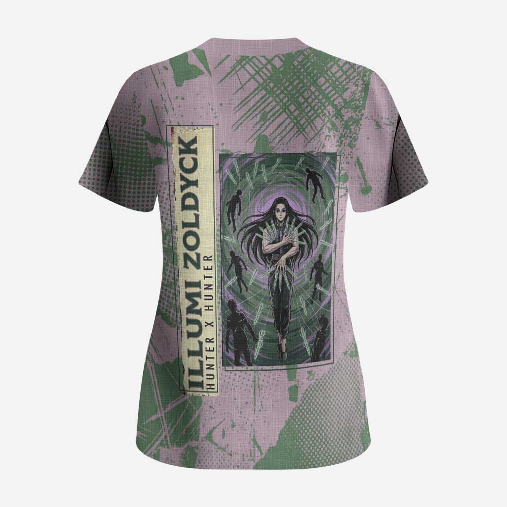 Alluka Zoldyck Theme Purple and Green Paint Splatter Design Scrub Top with Nen Ability Artwork and Character Card Style - The Mazicc