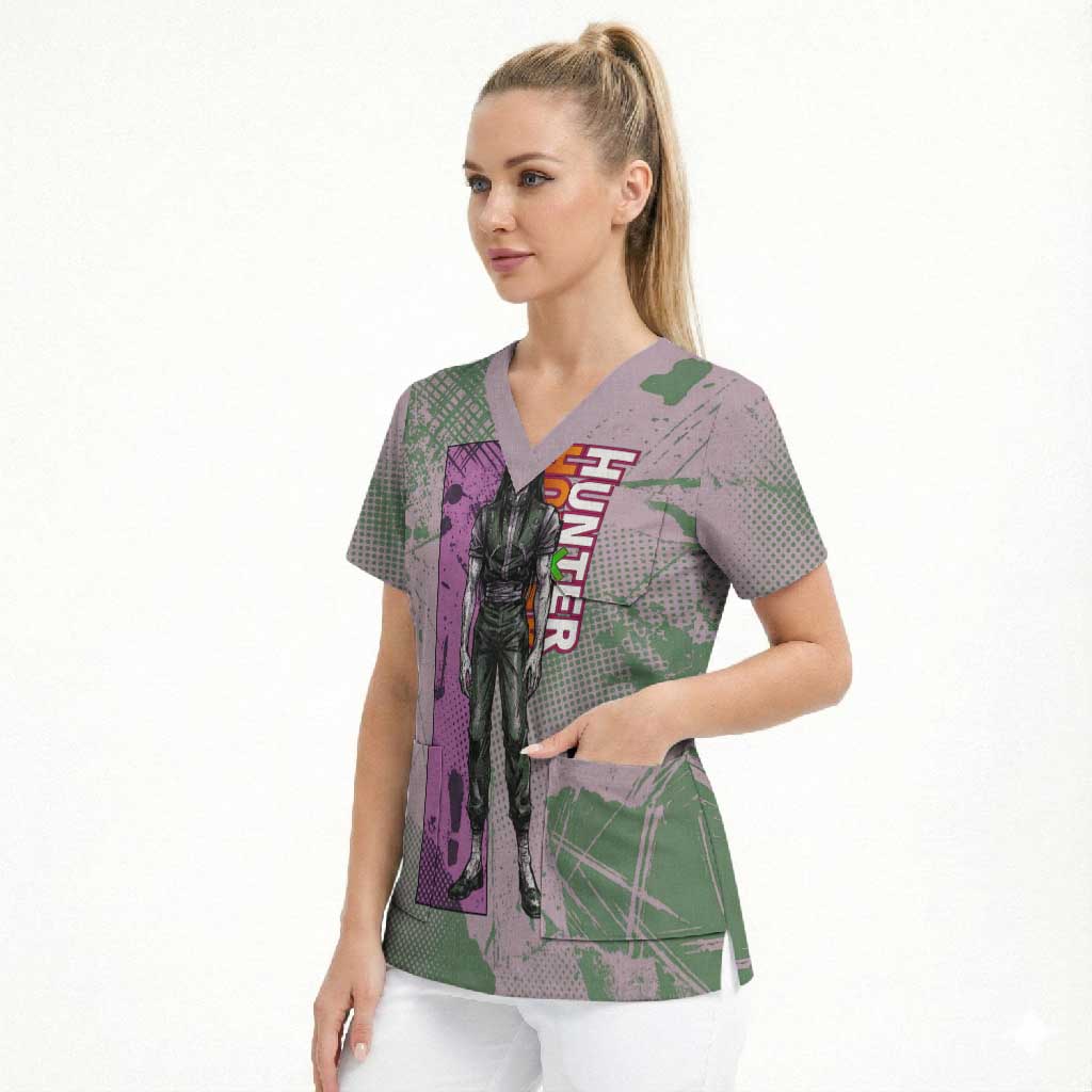 Alluka Zoldyck Theme Purple and Green Paint Splatter Design Scrub Top with Nen Ability Artwork and Character Card Style - The Mazicc