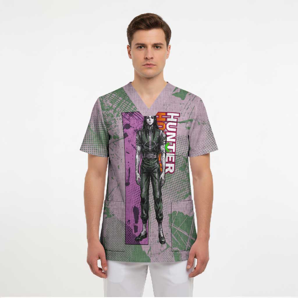 Alluka Zoldyck Theme Purple and Green Paint Splatter Design Scrub Top with Nen Ability Artwork and Character Card Style - The Mazicc