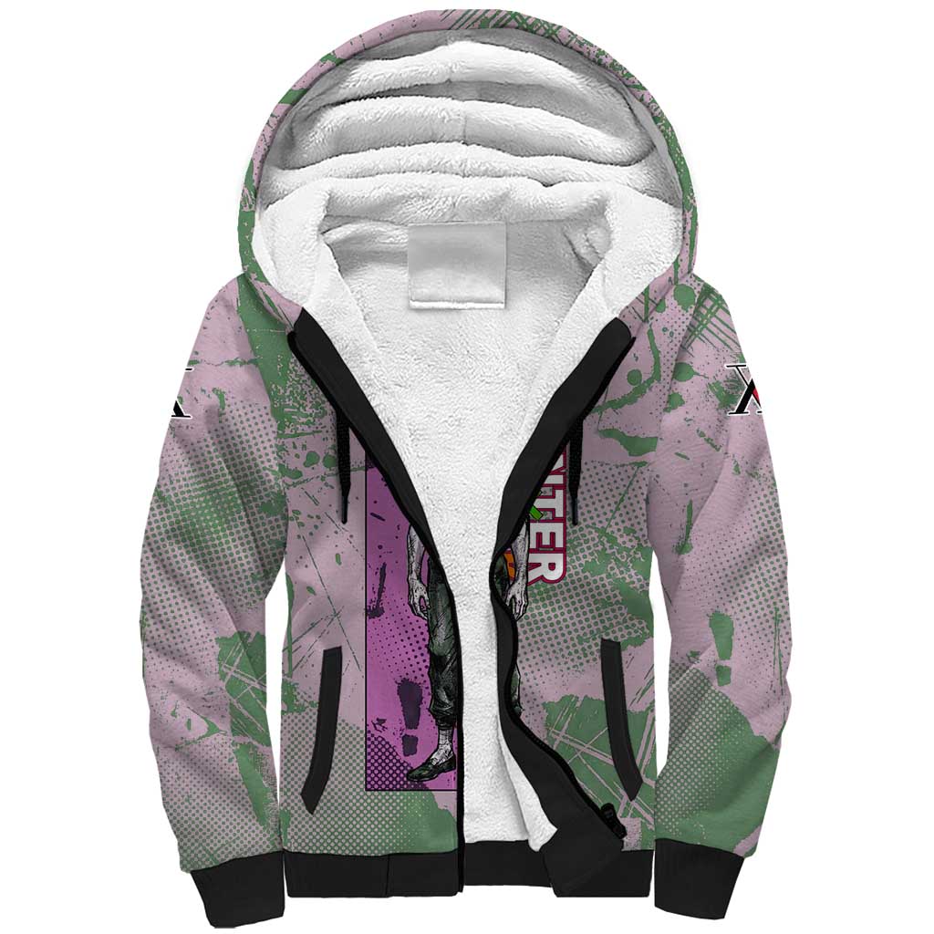 Alluka Zoldyck Theme Purple and Green Paint Splatter Design Sherpa Hoodie with Nen Ability Artwork and Character Card Style - The Mazicc