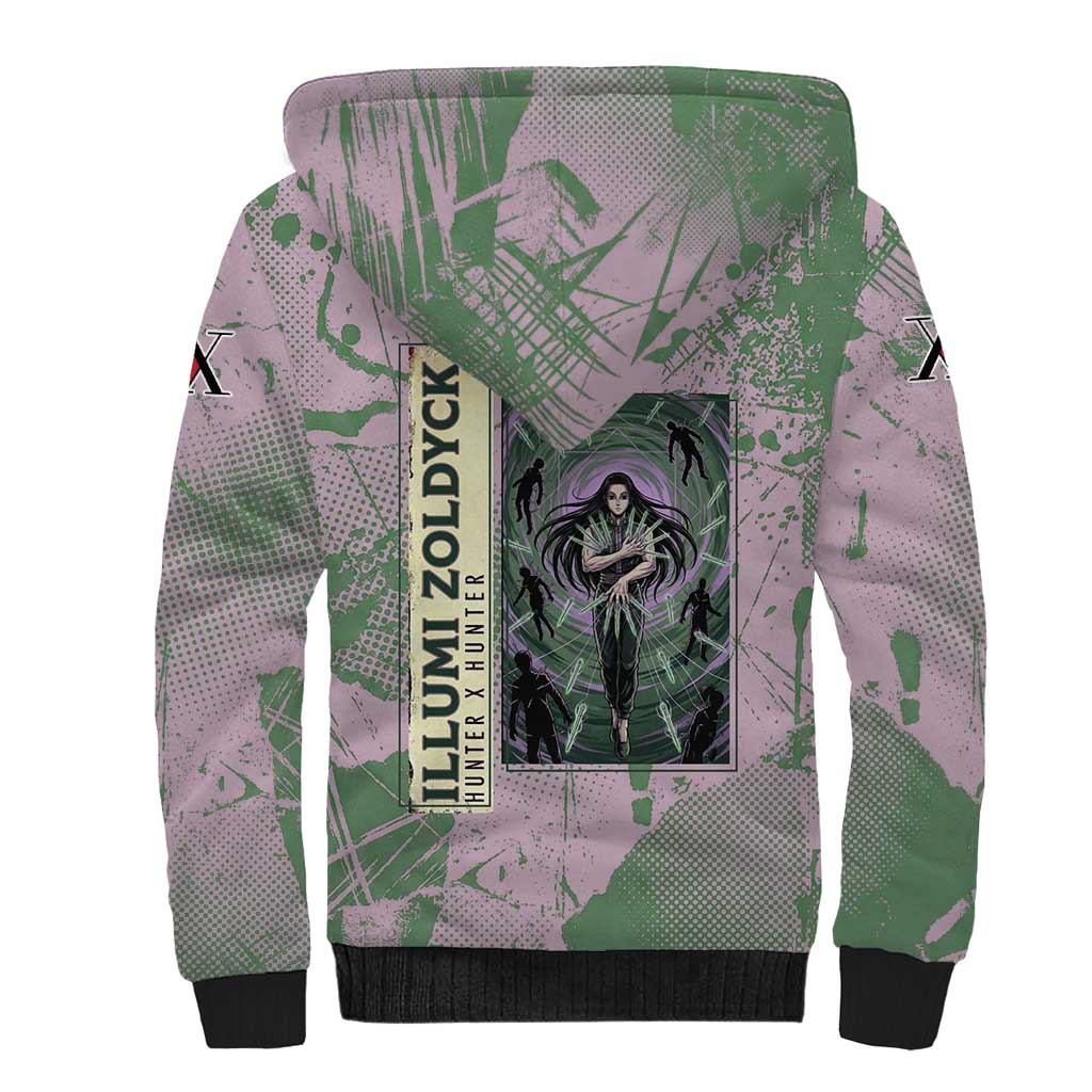 Alluka Zoldyck Theme Purple and Green Paint Splatter Design Sherpa Hoodie with Nen Ability Artwork and Character Card Style - The Mazicc