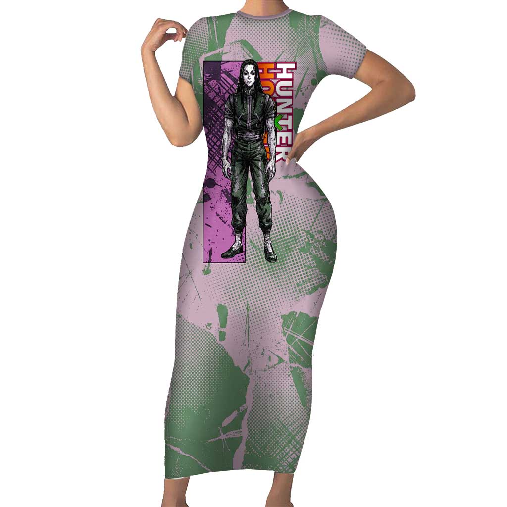 Alluka Zoldyck Theme Purple and Green Paint Splatter Design Short Sleeve Bodycon Dress with Nen Ability Artwork and Character Card Style - The Mazicc