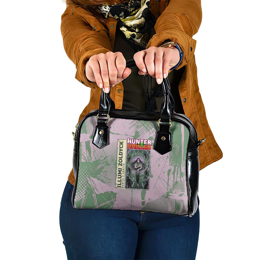 Alluka Zoldyck Theme Purple and Green Paint Splatter Design Shoulder Handbag with Nen Ability Artwork and Character Card Style - The Mazicc