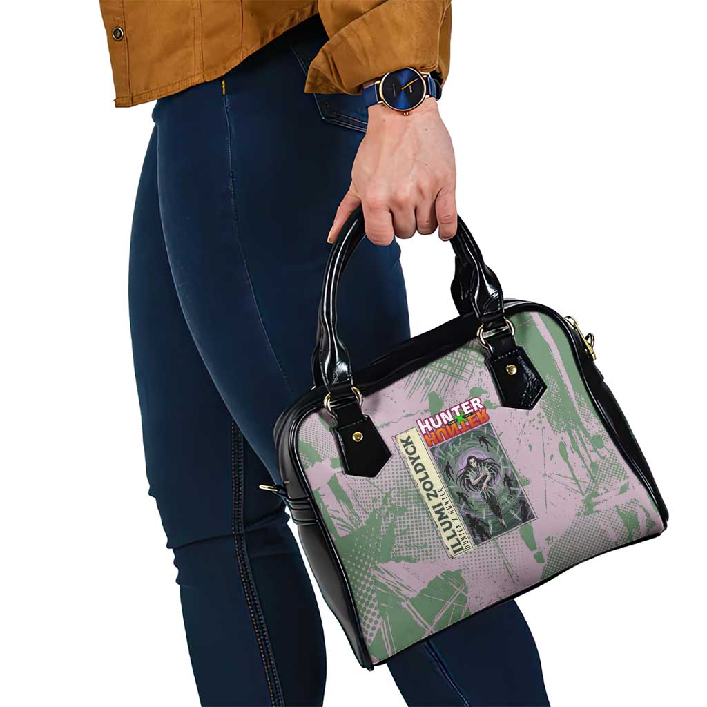 Alluka Zoldyck Theme Purple and Green Paint Splatter Design Shoulder Handbag with Nen Ability Artwork and Character Card Style - The Mazicc