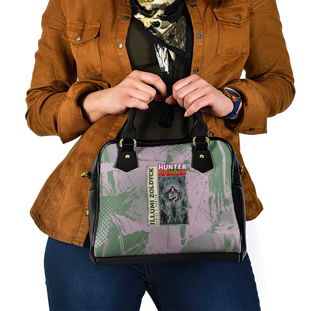 Alluka Zoldyck Theme Purple and Green Paint Splatter Design Shoulder Handbag with Nen Ability Artwork and Character Card Style - The Mazicc