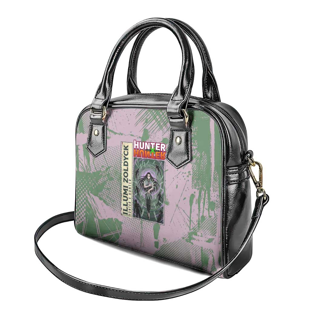Alluka Zoldyck Theme Purple and Green Paint Splatter Design Shoulder Handbag with Nen Ability Artwork and Character Card Style - The Mazicc