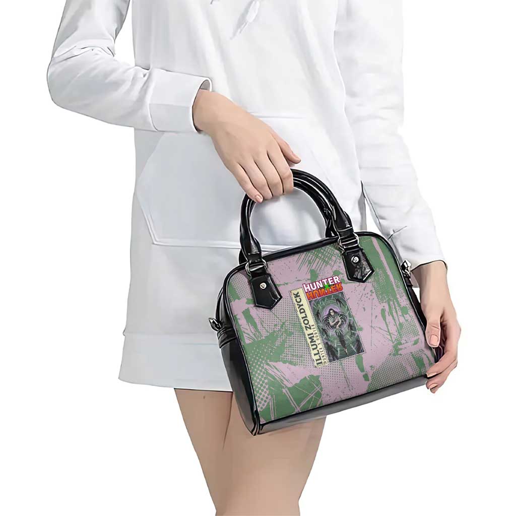 Alluka Zoldyck Theme Purple and Green Paint Splatter Design Shoulder Handbag with Nen Ability Artwork and Character Card Style - The Mazicc