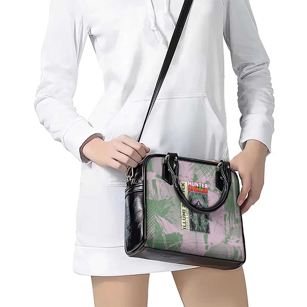 Alluka Zoldyck Theme Purple and Green Paint Splatter Design Shoulder Handbag with Nen Ability Artwork and Character Card Style - The Mazicc