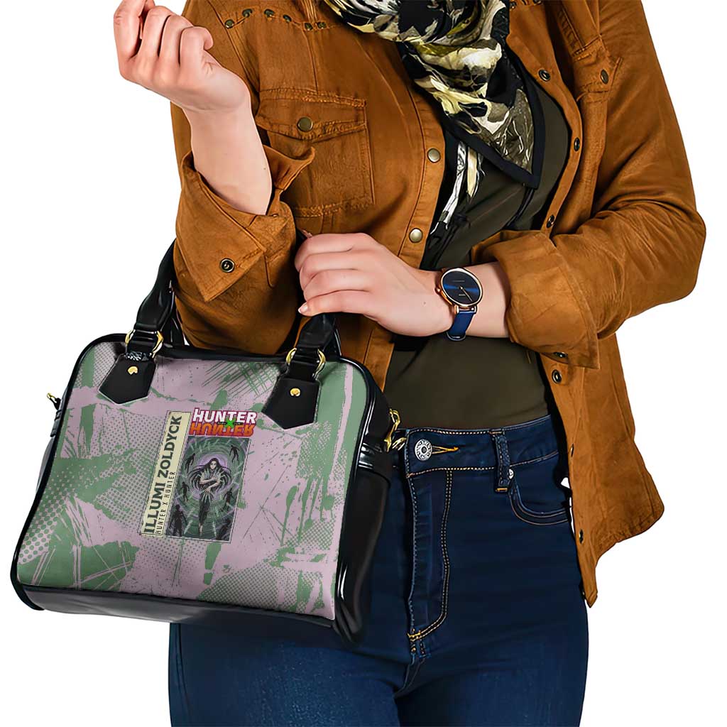 Alluka Zoldyck Theme Purple and Green Paint Splatter Design Shoulder Handbag with Nen Ability Artwork and Character Card Style - The Mazicc