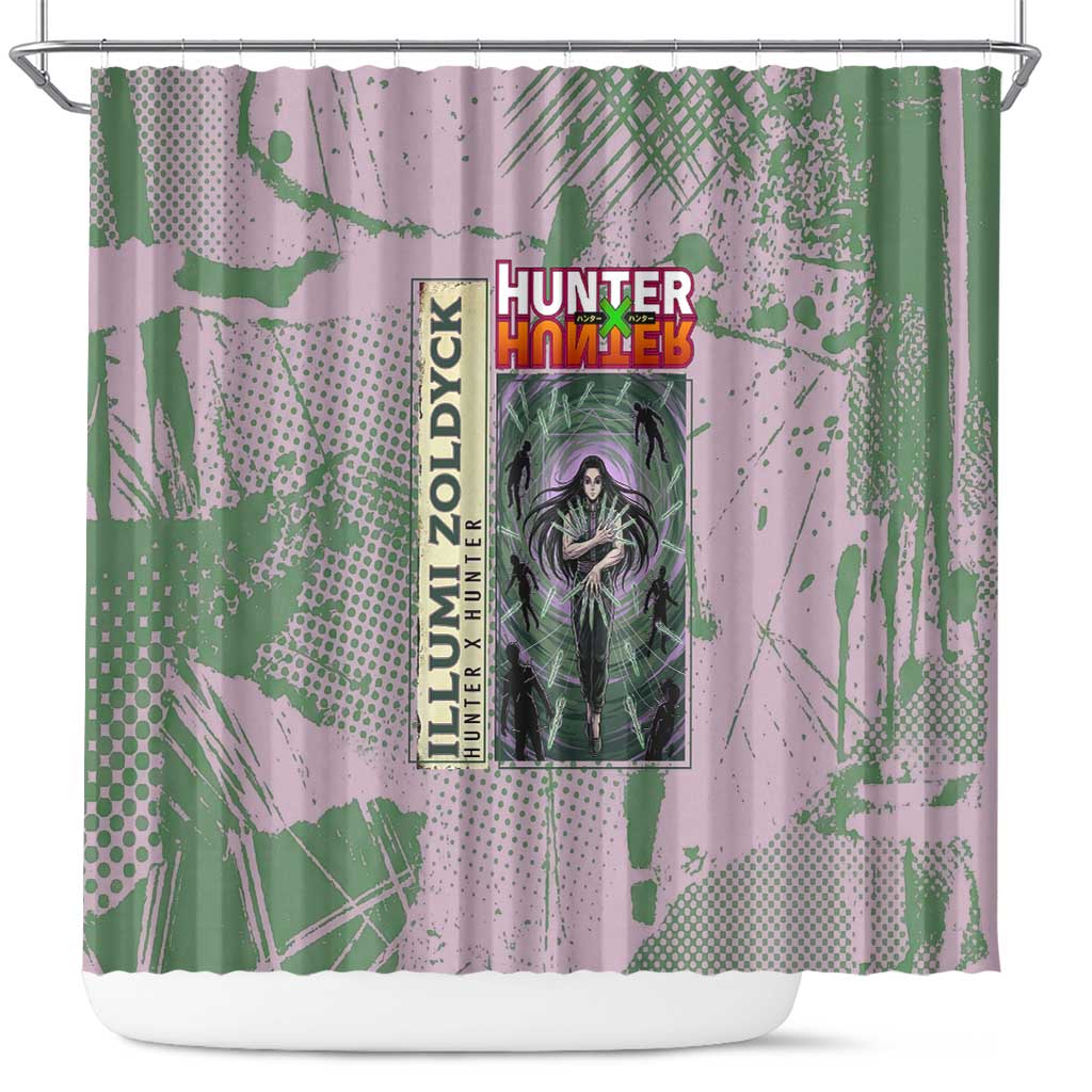 Alluka Zoldyck Theme Purple and Green Paint Splatter Design Shower Curtain with Nen Ability Artwork and Character Card Style - The Mazicc