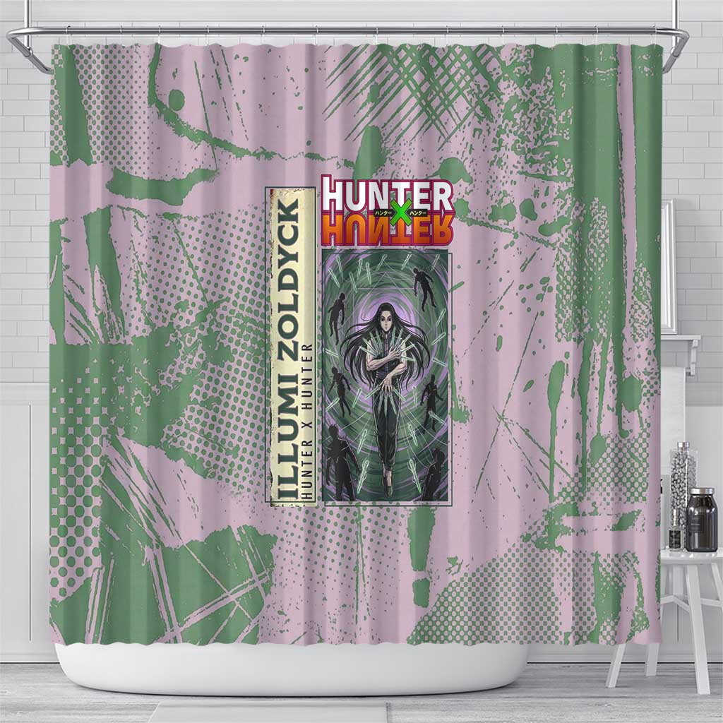 Alluka Zoldyck Theme Purple and Green Paint Splatter Design Shower Curtain with Nen Ability Artwork and Character Card Style - The Mazicc