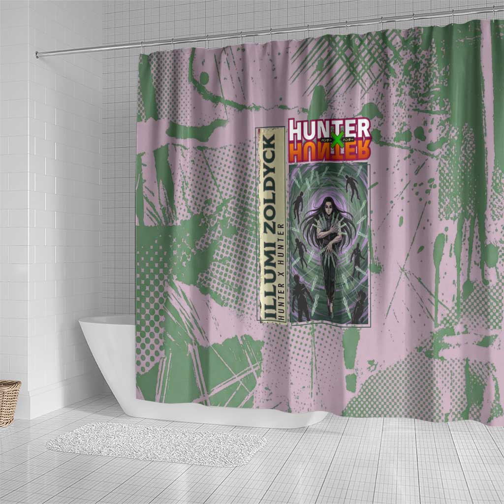 Alluka Zoldyck Theme Purple and Green Paint Splatter Design Shower Curtain with Nen Ability Artwork and Character Card Style - The Mazicc