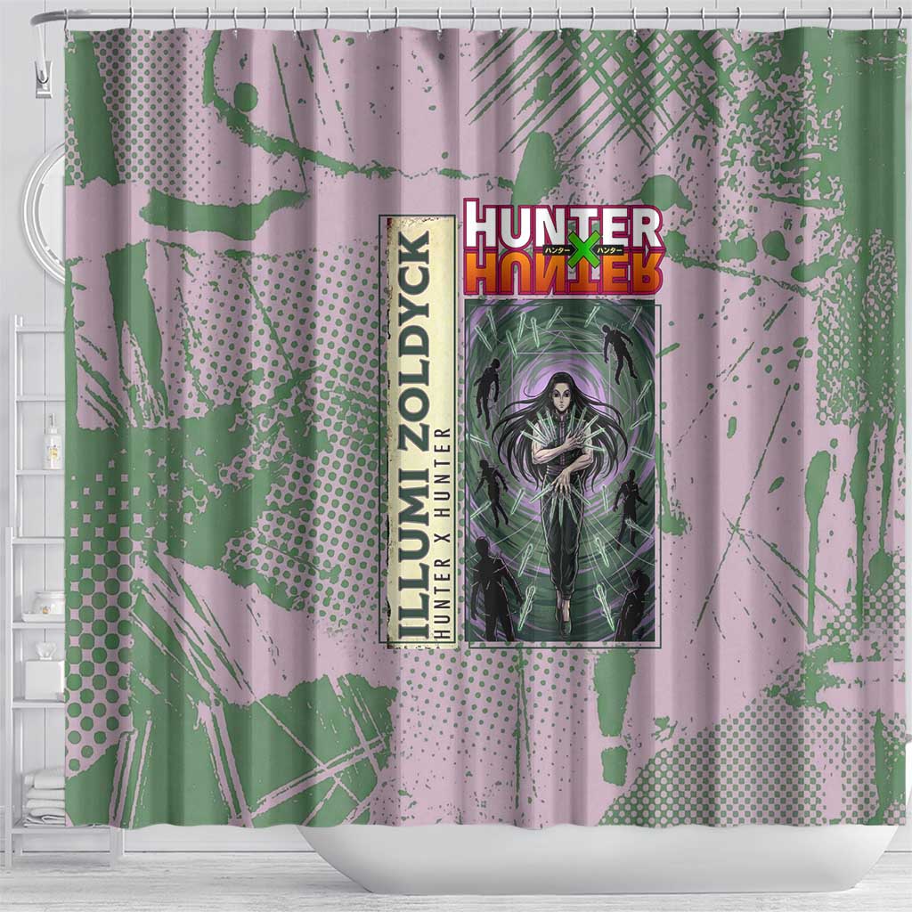 Alluka Zoldyck Theme Purple and Green Paint Splatter Design Shower Curtain with Nen Ability Artwork and Character Card Style - The Mazicc