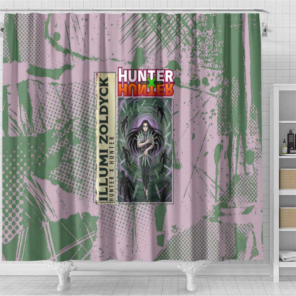 Alluka Zoldyck Theme Purple and Green Paint Splatter Design Shower Curtain with Nen Ability Artwork and Character Card Style - The Mazicc