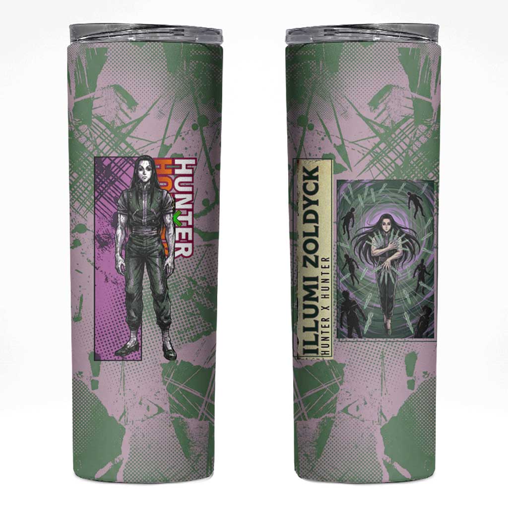 Alluka Zoldyck Theme Purple and Green Paint Splatter Design Skinny Tumbler with Nen Ability Artwork and Character Card Style - The Mazicc