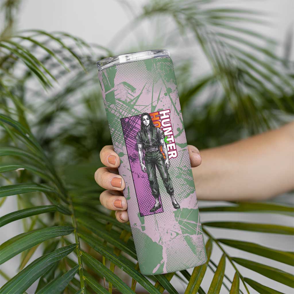 Alluka Zoldyck Theme Purple and Green Paint Splatter Design Skinny Tumbler with Nen Ability Artwork and Character Card Style - The Mazicc