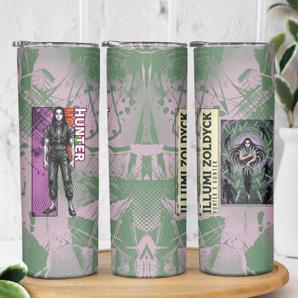 Alluka Zoldyck Theme Purple and Green Paint Splatter Design Skinny Tumbler with Nen Ability Artwork and Character Card Style - The Mazicc