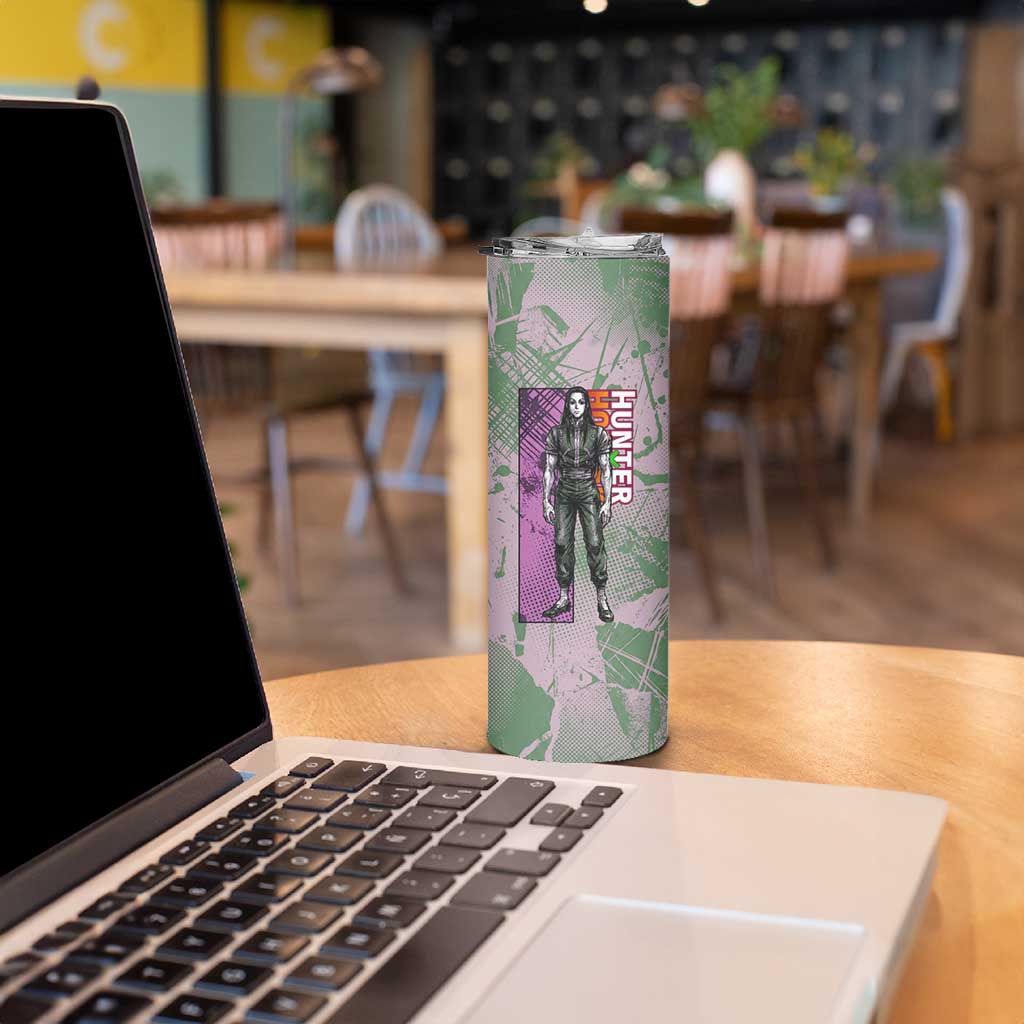 Alluka Zoldyck Theme Purple and Green Paint Splatter Design Skinny Tumbler with Nen Ability Artwork and Character Card Style - The Mazicc