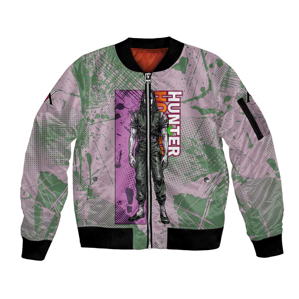 Alluka Zoldyck Theme Purple and Green Paint Splatter Design Sleeve Zip Bomber Jacket with Nen Ability Artwork and Character Card Style - The Mazicc