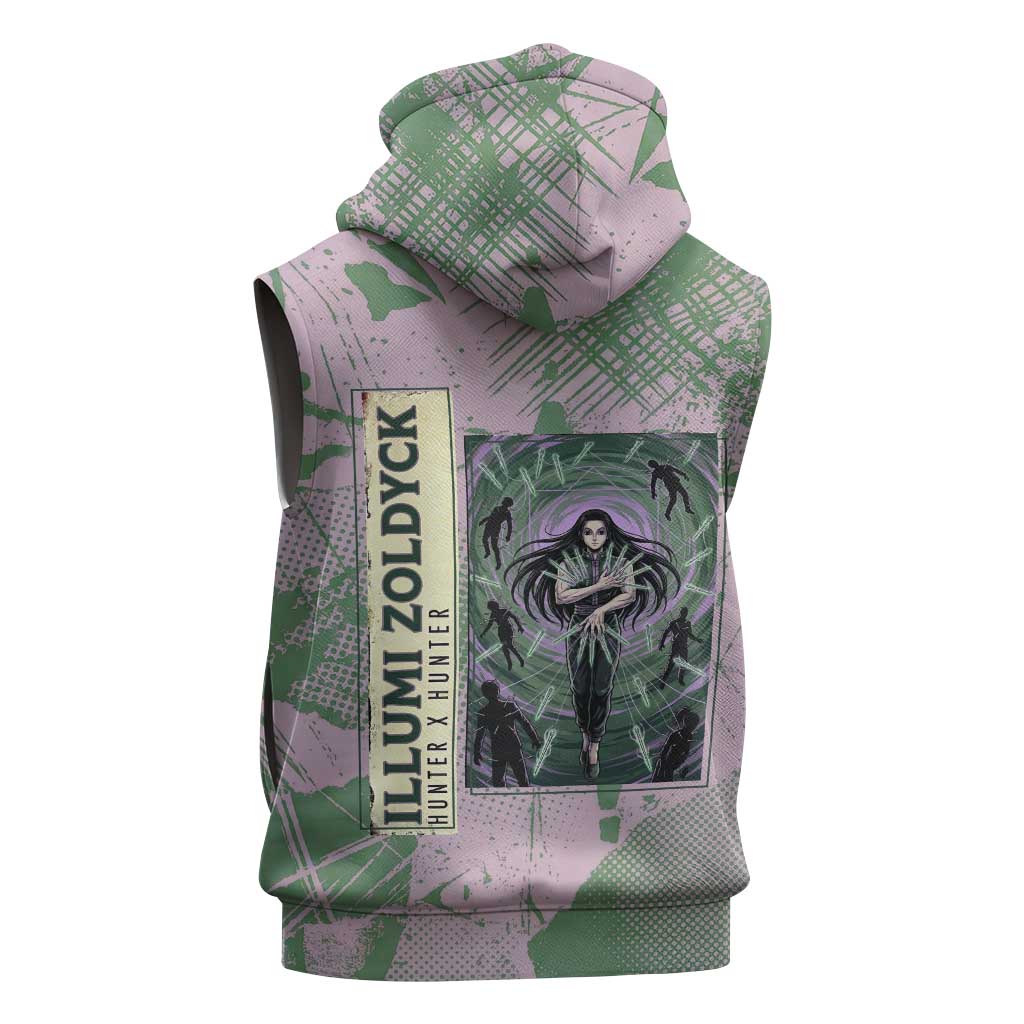 Alluka Zoldyck Theme Purple and Green Paint Splatter Design Sleeveless Hoodie with Nen Ability Artwork and Character Card Style - The Mazicc