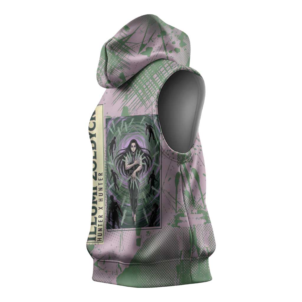 Alluka Zoldyck Theme Purple and Green Paint Splatter Design Sleeveless Hoodie with Nen Ability Artwork and Character Card Style - The Mazicc