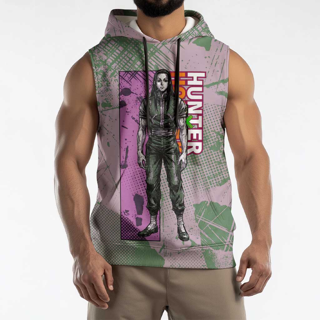 Alluka Zoldyck Theme Purple and Green Paint Splatter Design Sleeveless Hoodie with Nen Ability Artwork and Character Card Style - The Mazicc