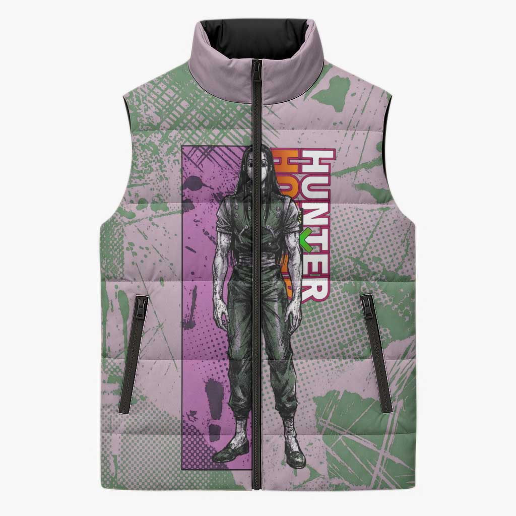 Alluka Zoldyck Theme Purple and Green Paint Splatter Design Sleeveless Puffer Jacket with Nen Ability Artwork and Character Card Style - The Mazicc