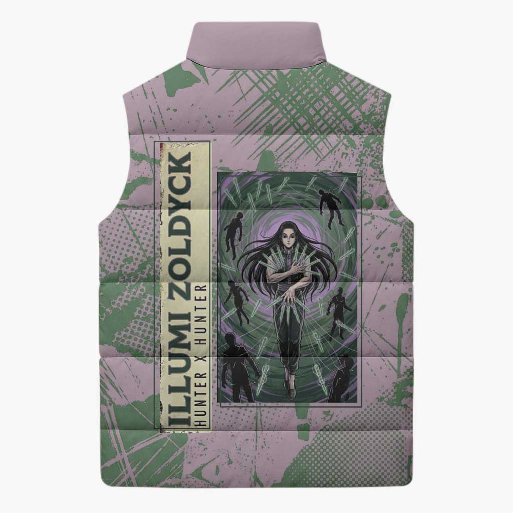 Alluka Zoldyck Theme Purple and Green Paint Splatter Design Sleeveless Puffer Jacket with Nen Ability Artwork and Character Card Style - The Mazicc