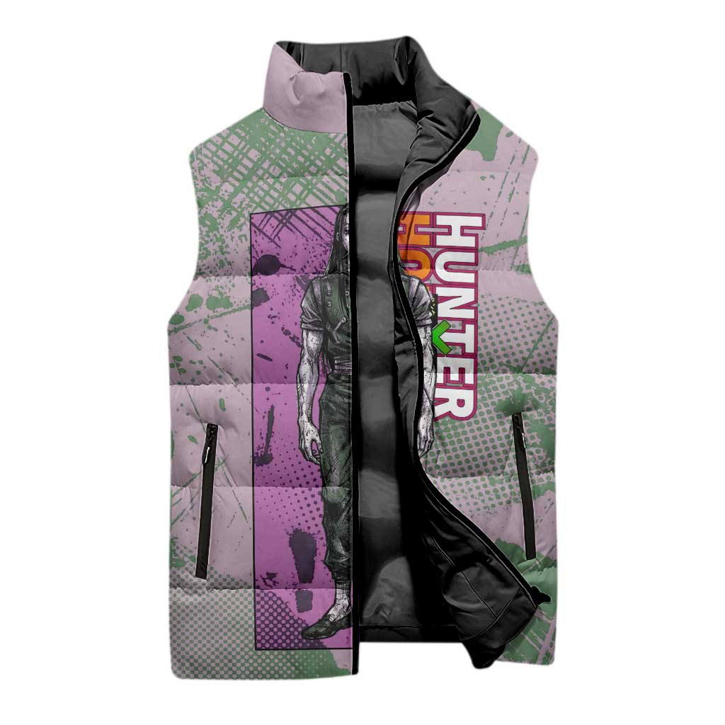 Alluka Zoldyck Theme Purple and Green Paint Splatter Design Sleeveless Puffer Jacket with Nen Ability Artwork and Character Card Style - The Mazicc
