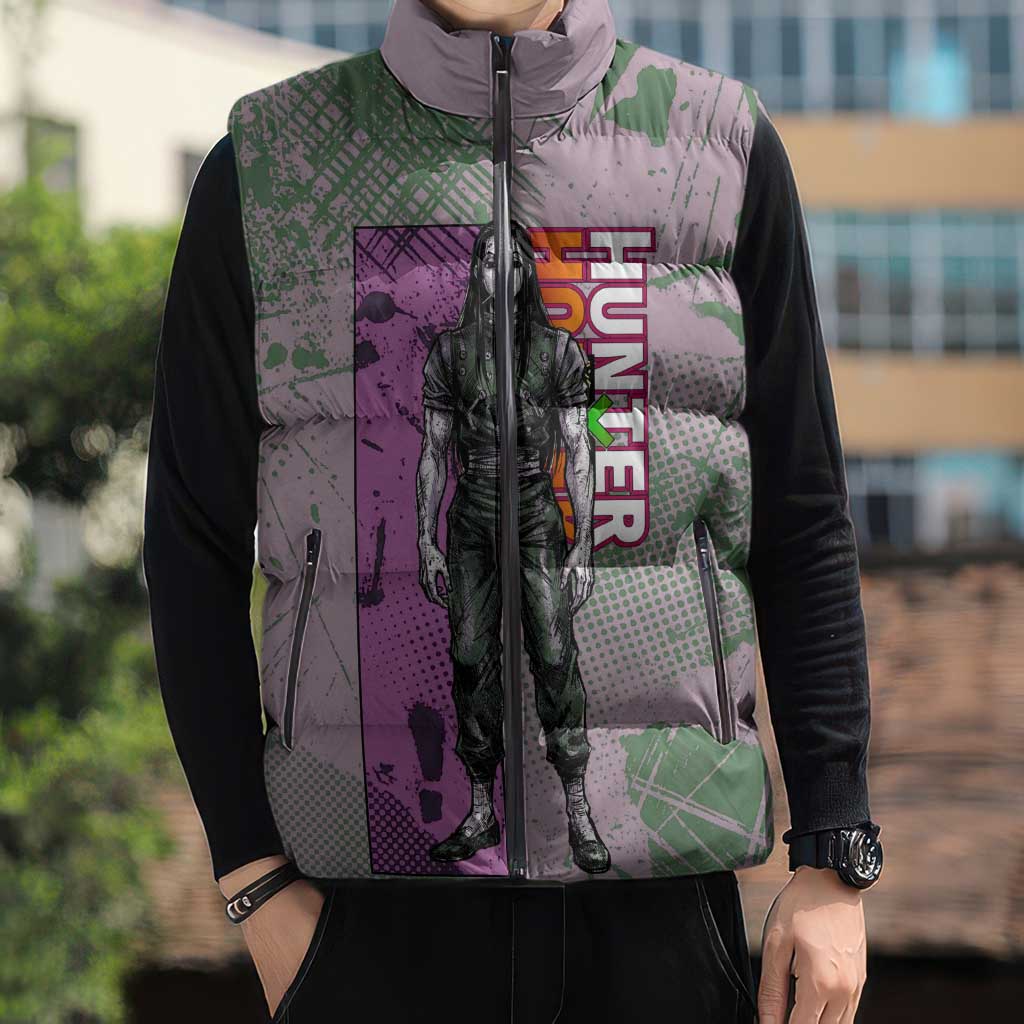 Alluka Zoldyck Theme Purple and Green Paint Splatter Design Sleeveless Puffer Jacket with Nen Ability Artwork and Character Card Style - The Mazicc
