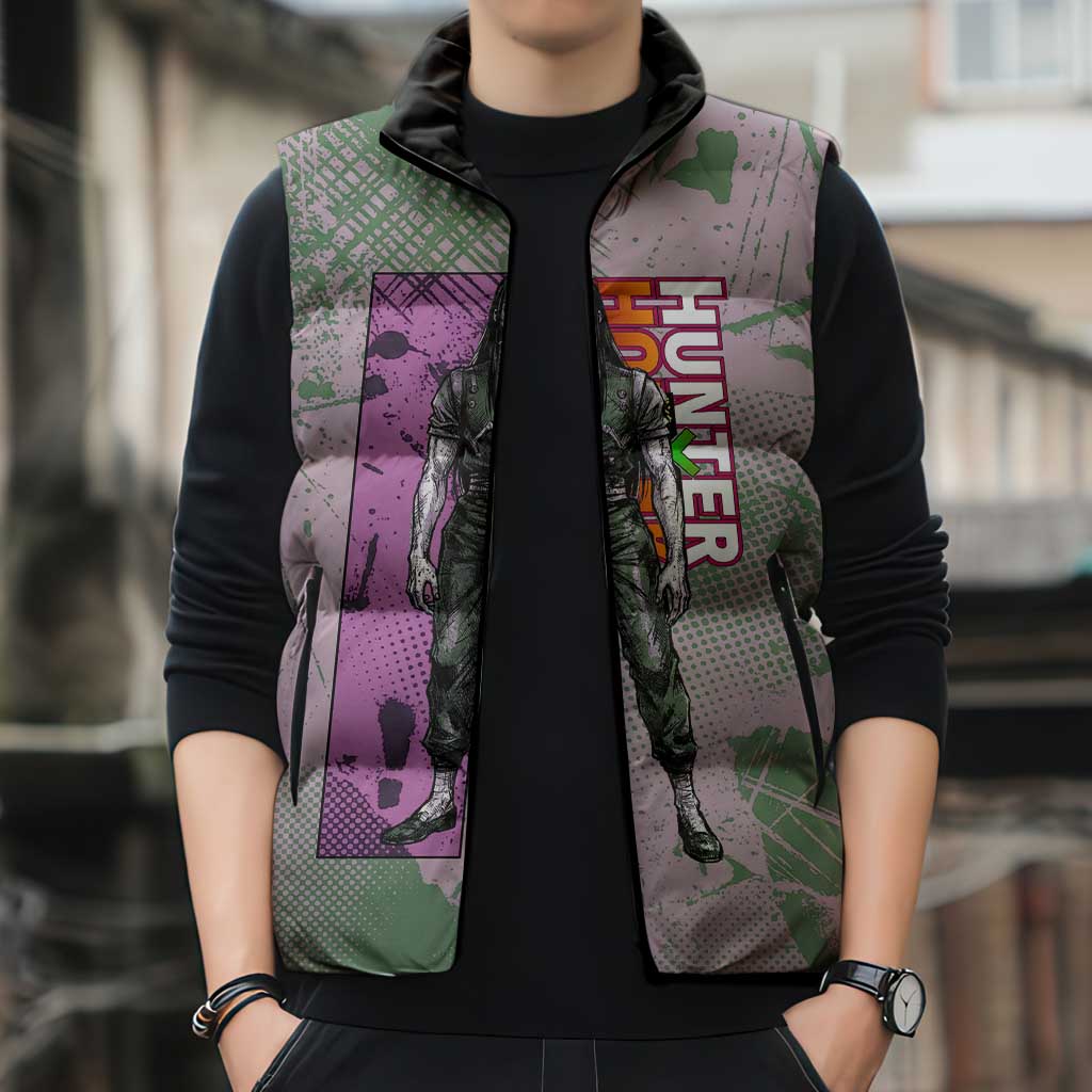 Alluka Zoldyck Theme Purple and Green Paint Splatter Design Sleeveless Puffer Jacket with Nen Ability Artwork and Character Card Style - The Mazicc