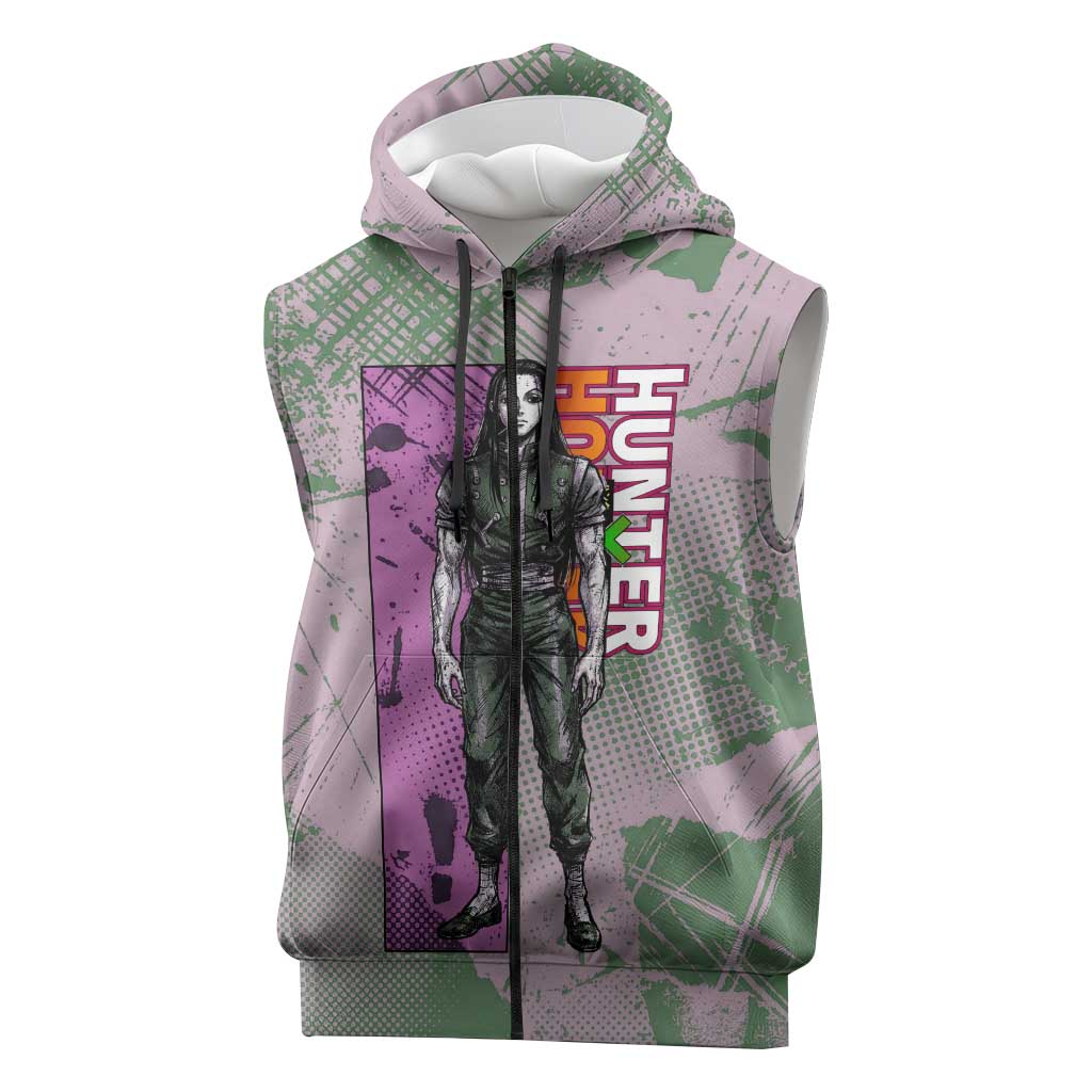 Alluka Zoldyck Theme Purple and Green Paint Splatter Design Sleeveless Zip Hoodie with Nen Ability Artwork and Character Card Style - The Mazicc