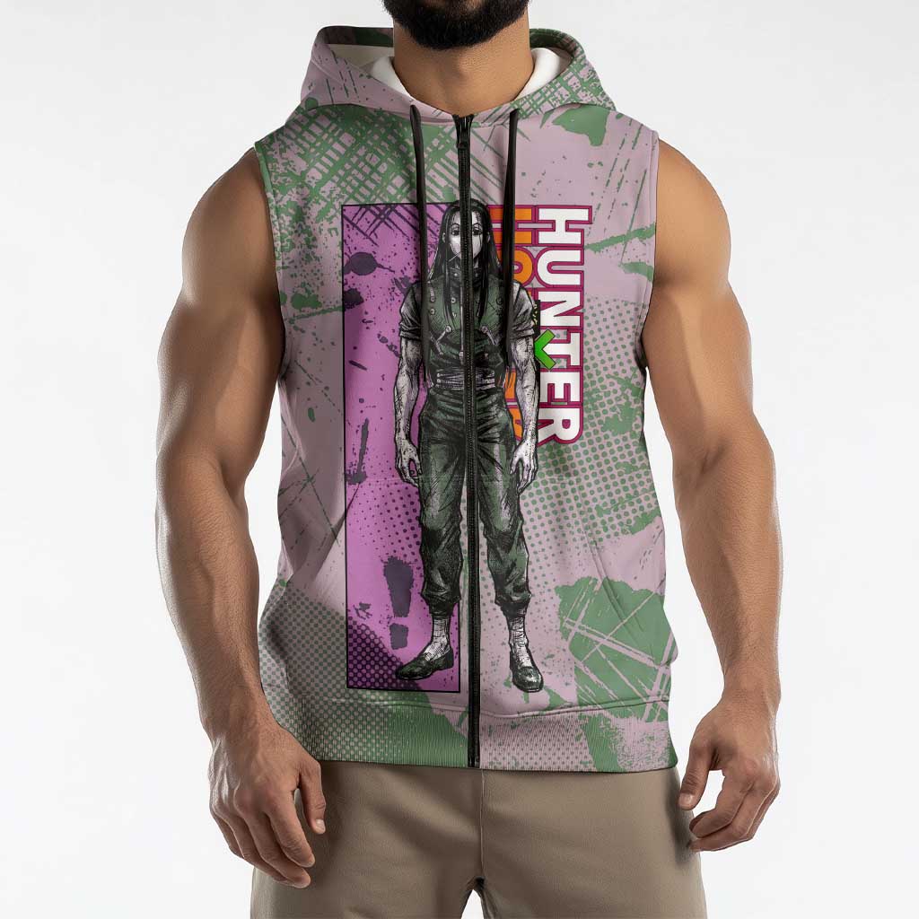 Alluka Zoldyck Theme Purple and Green Paint Splatter Design Sleeveless Zip Hoodie with Nen Ability Artwork and Character Card Style - The Mazicc