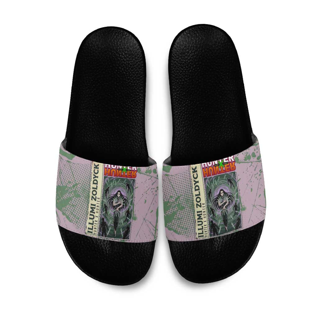 Alluka Zoldyck Theme Purple and Green Paint Splatter Design Slide Sandals with Nen Ability Artwork and Character Card Style - The Mazicc