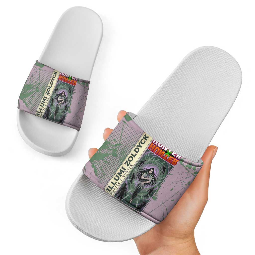 Alluka Zoldyck Theme Purple and Green Paint Splatter Design Slide Sandals with Nen Ability Artwork and Character Card Style - The Mazicc
