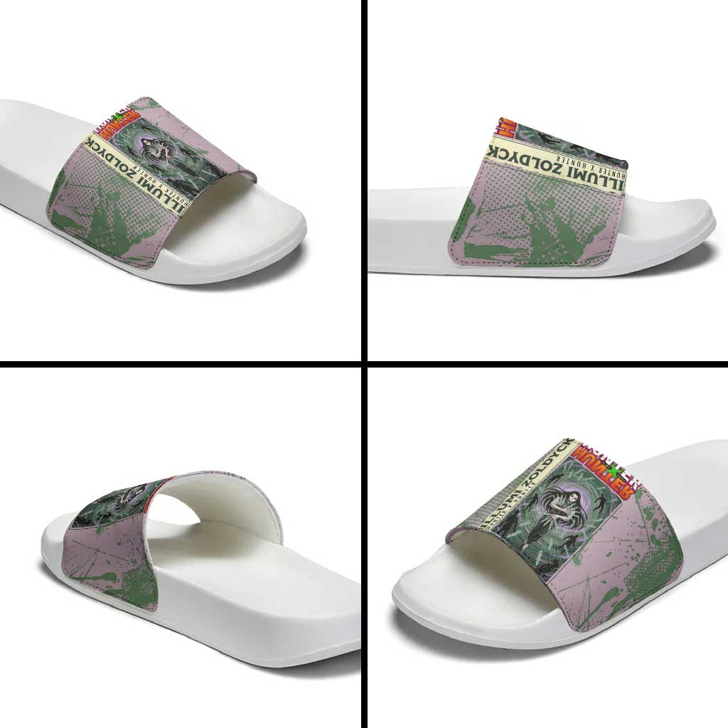 Alluka Zoldyck Theme Purple and Green Paint Splatter Design Slide Sandals with Nen Ability Artwork and Character Card Style - The Mazicc