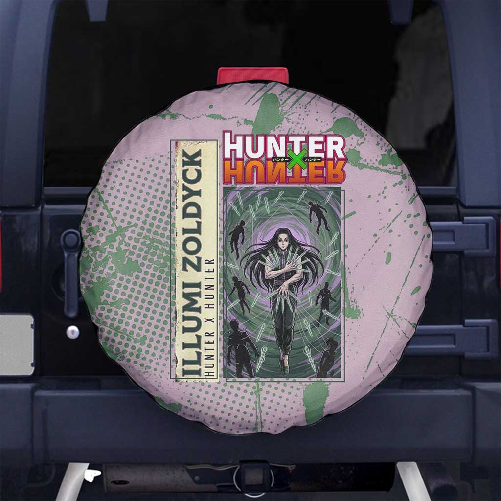 Alluka Zoldyck Theme Purple and Green Paint Splatter Design Spare Tire Cover with Nen Ability Artwork and Character Card Style - The Mazicc