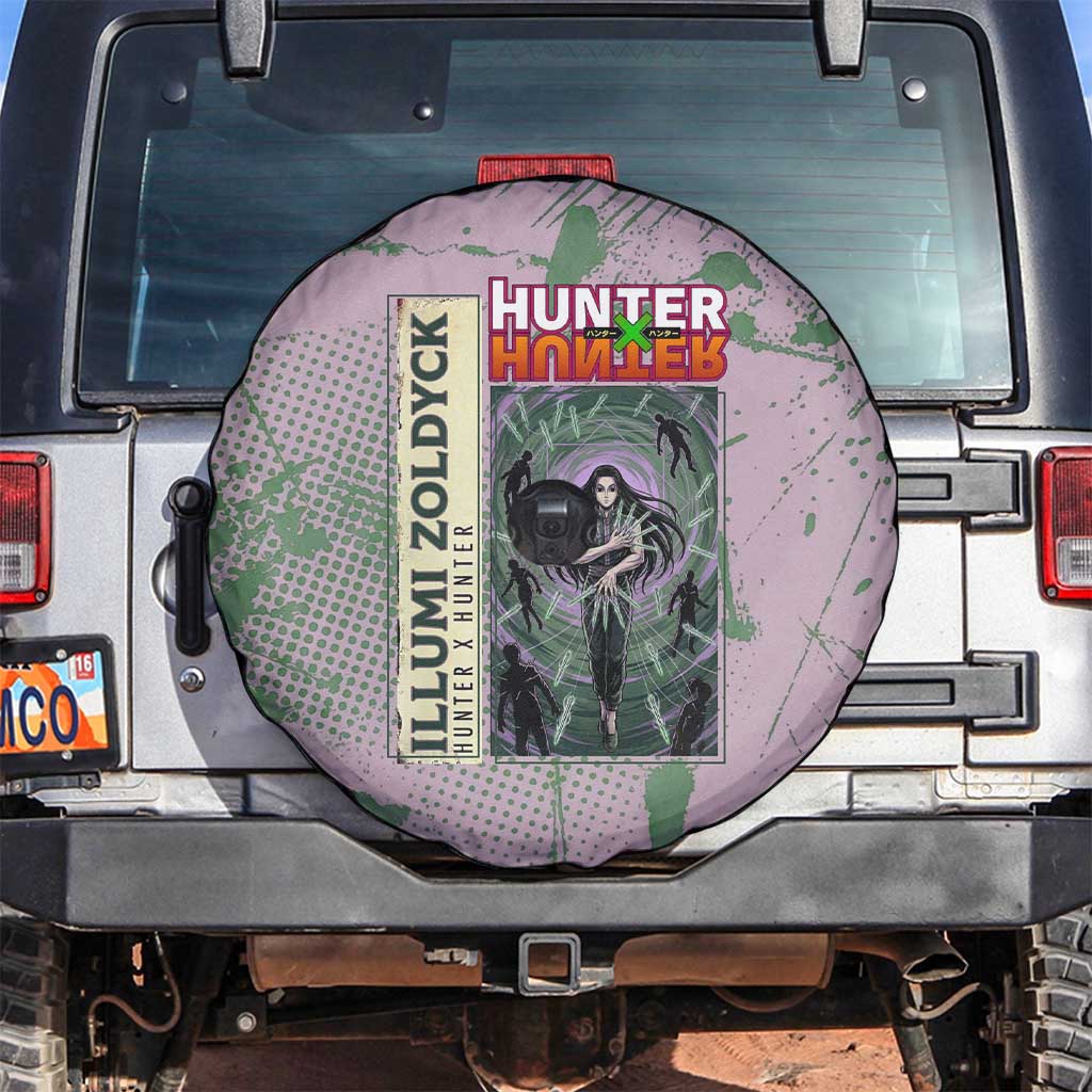 Alluka Zoldyck Theme Purple and Green Paint Splatter Design Spare Tire Cover with Nen Ability Artwork and Character Card Style - The Mazicc