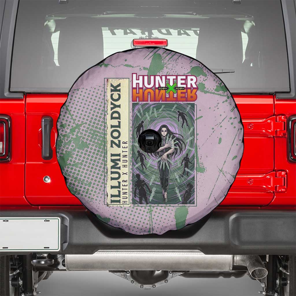 Alluka Zoldyck Theme Purple and Green Paint Splatter Design Spare Tire Cover with Nen Ability Artwork and Character Card Style - The Mazicc