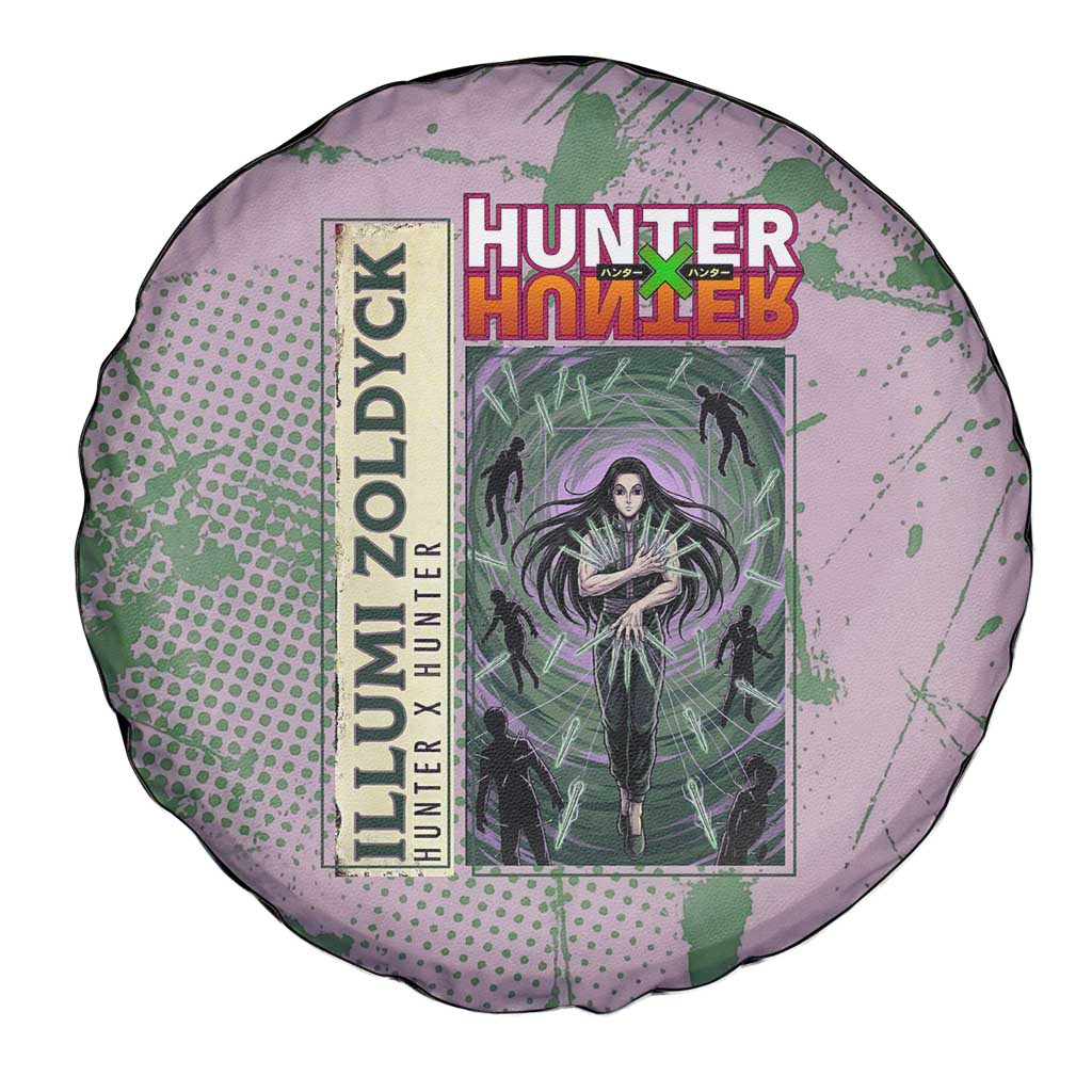 Alluka Zoldyck Theme Purple and Green Paint Splatter Design Spare Tire Cover with Nen Ability Artwork and Character Card Style - The Mazicc