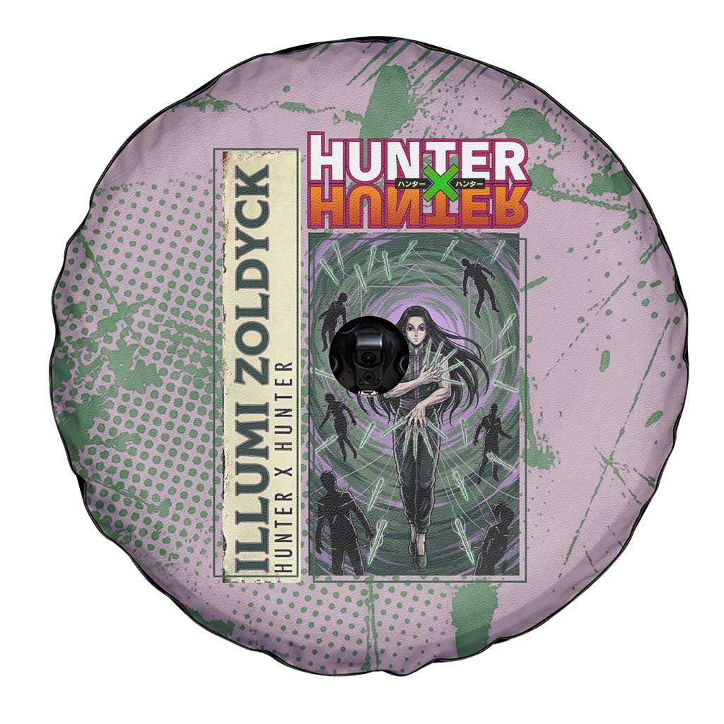 Alluka Zoldyck Theme Purple and Green Paint Splatter Design Spare Tire Cover with Nen Ability Artwork and Character Card Style - The Mazicc