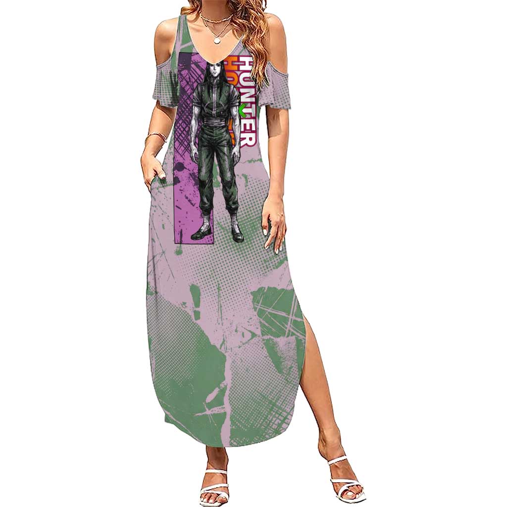 Alluka Zoldyck Theme Purple and Green Paint Splatter Design Summer Maxi Dress with Nen Ability Artwork and Character Card Style - The Mazicc