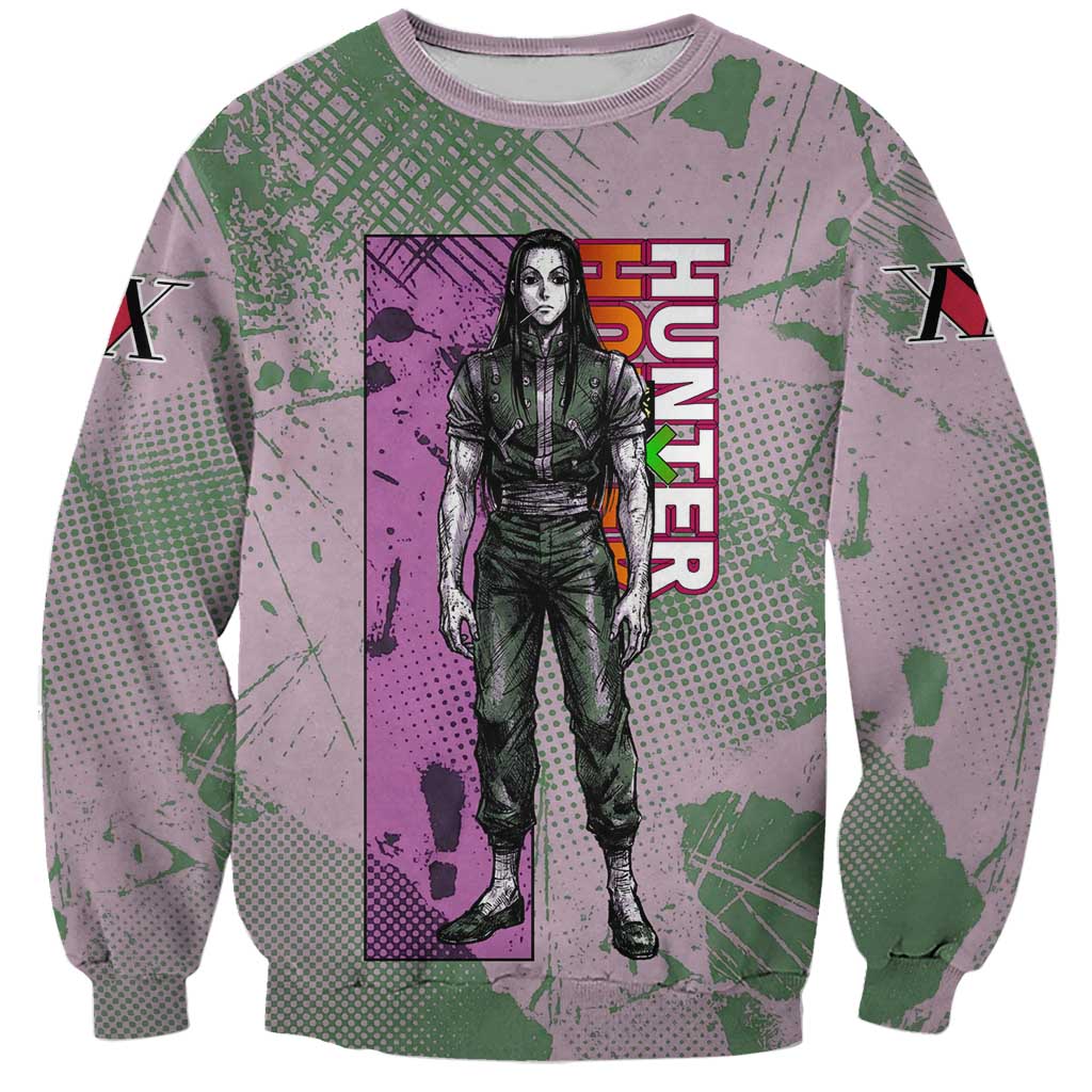 Alluka Zoldyck Theme Purple and Green Paint Splatter Design Sweatshirt with Nen Ability Artwork and Character Card Style - The Mazicc