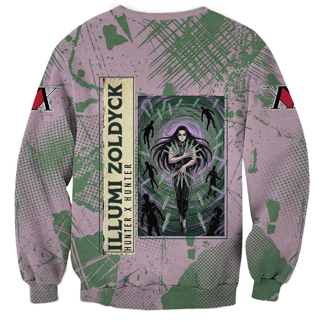 Alluka Zoldyck Theme Purple and Green Paint Splatter Design Sweatshirt with Nen Ability Artwork and Character Card Style - The Mazicc
