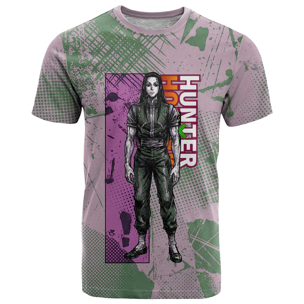 Alluka Zoldyck Theme Purple and Green Paint Splatter Design T Shirt with Nen Ability Artwork and Character Card Style - The Mazicc