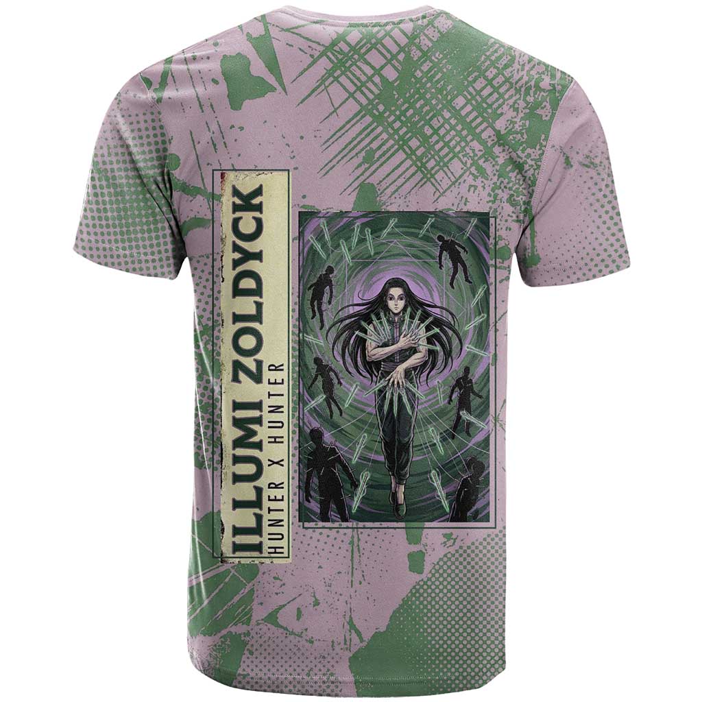 Alluka Zoldyck Theme Purple and Green Paint Splatter Design T Shirt with Nen Ability Artwork and Character Card Style - The Mazicc
